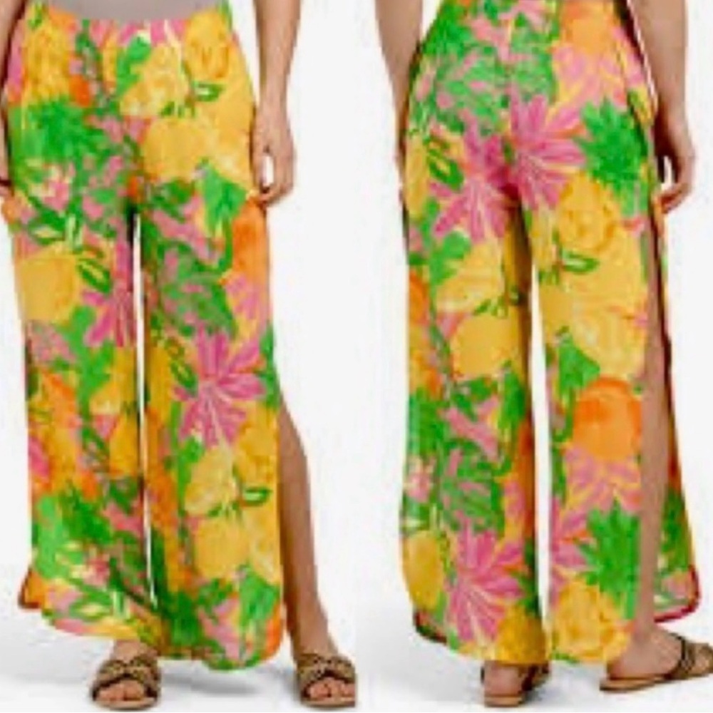 NEW C&C California Vibrant Floral Linen blend  Wide-Leg Bech Resort Slit Pants S